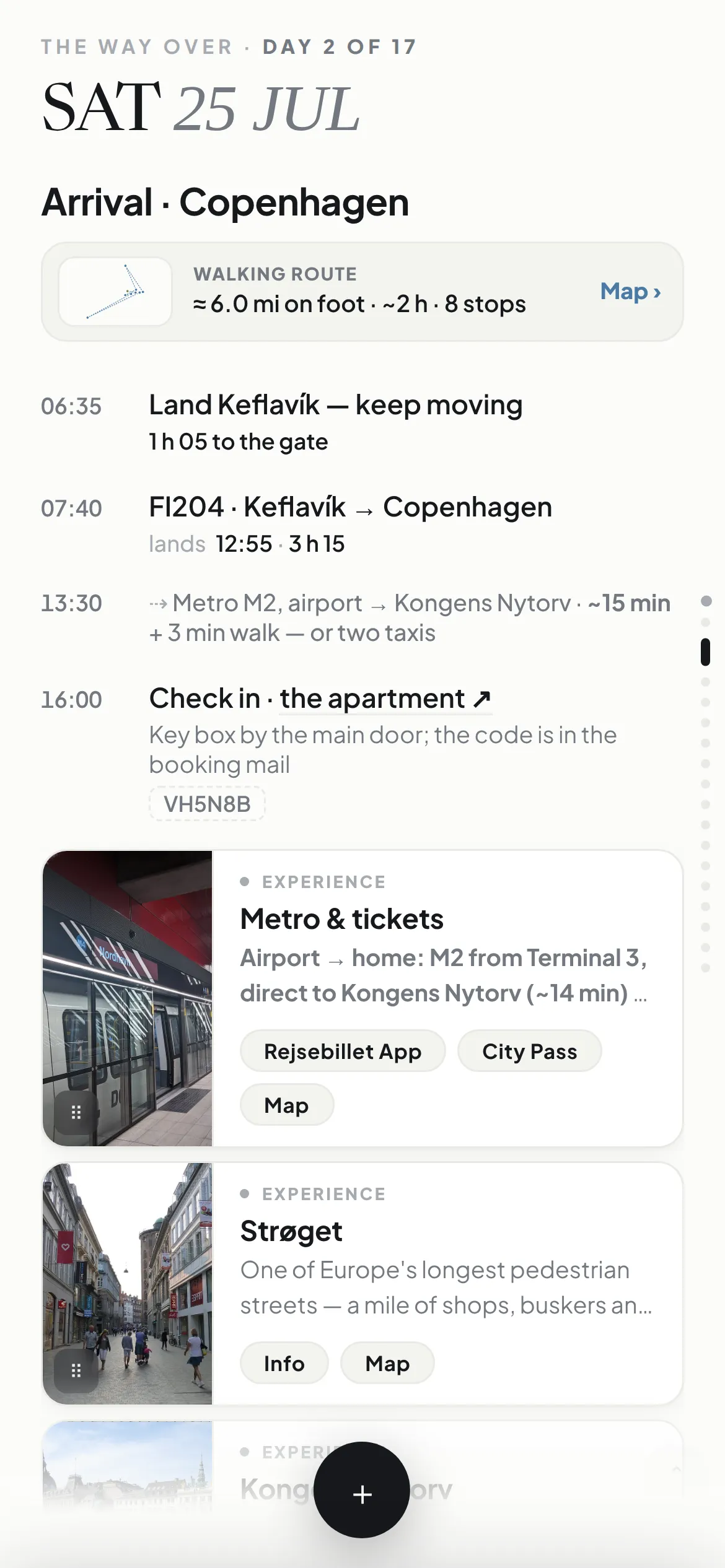 A single day filling the screen: the walking route across the day, then flights, transit legs and check-in in order.