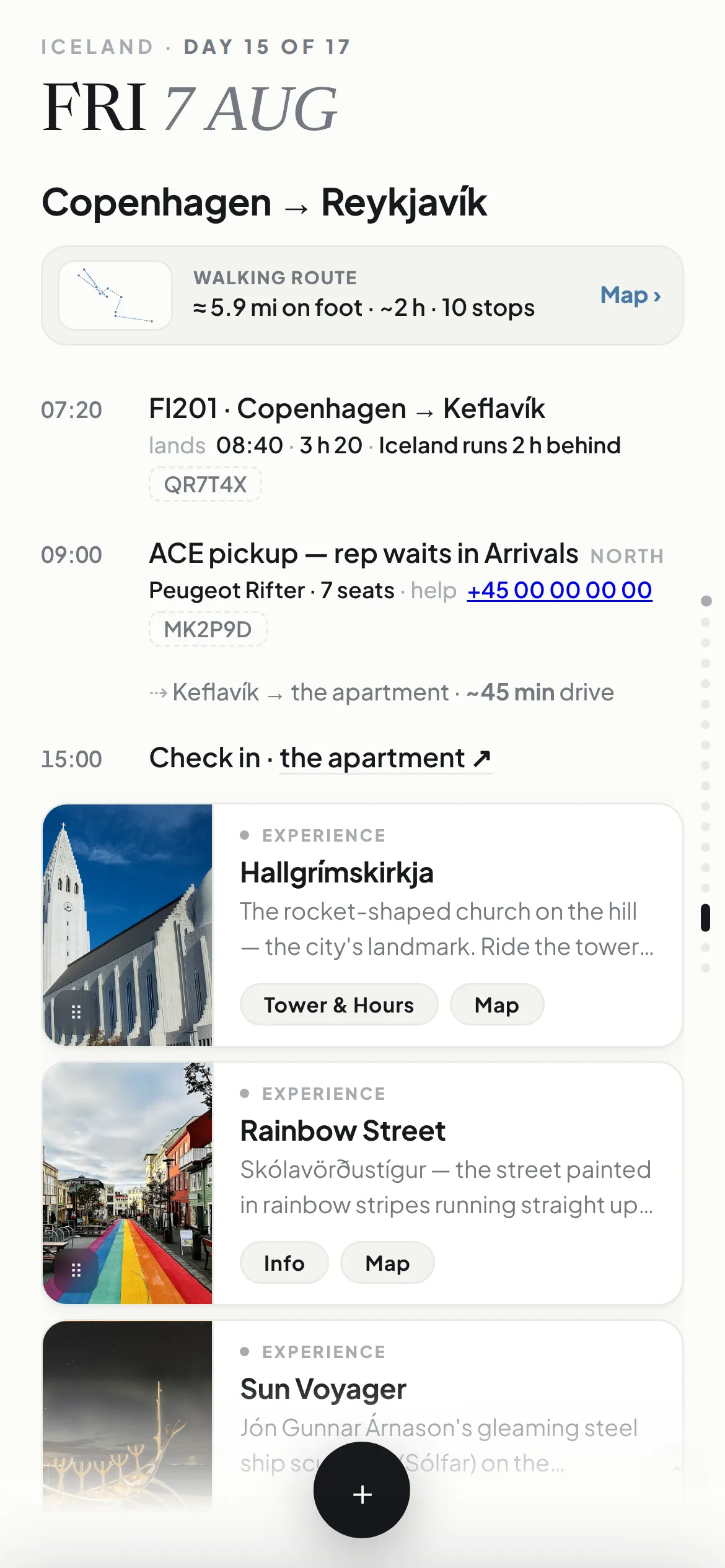 A travel day in Iceland: flight, pickup, drive time and check-in, then ten stops.