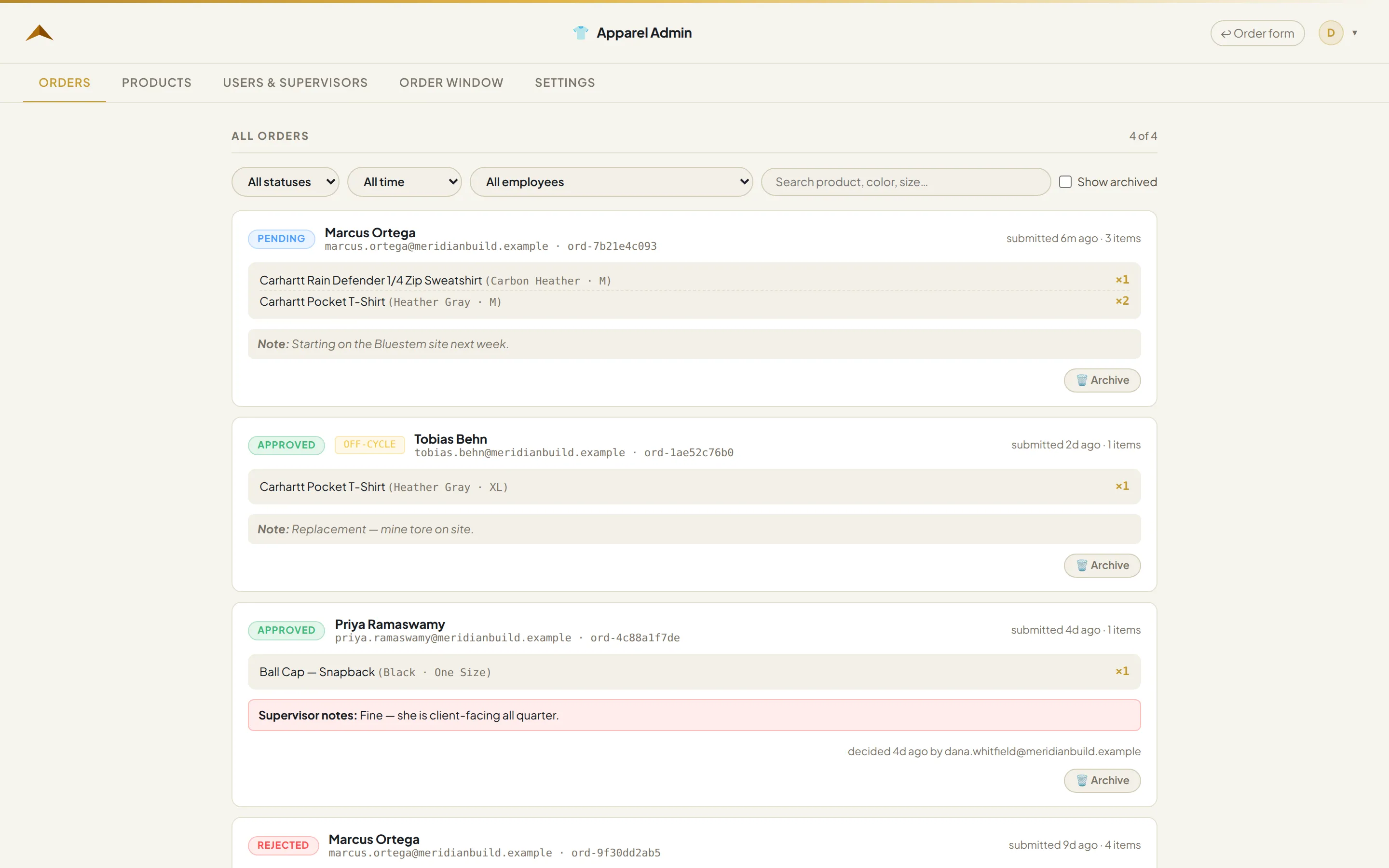 The admin side: every order across the company, the catalogue, and the user list.