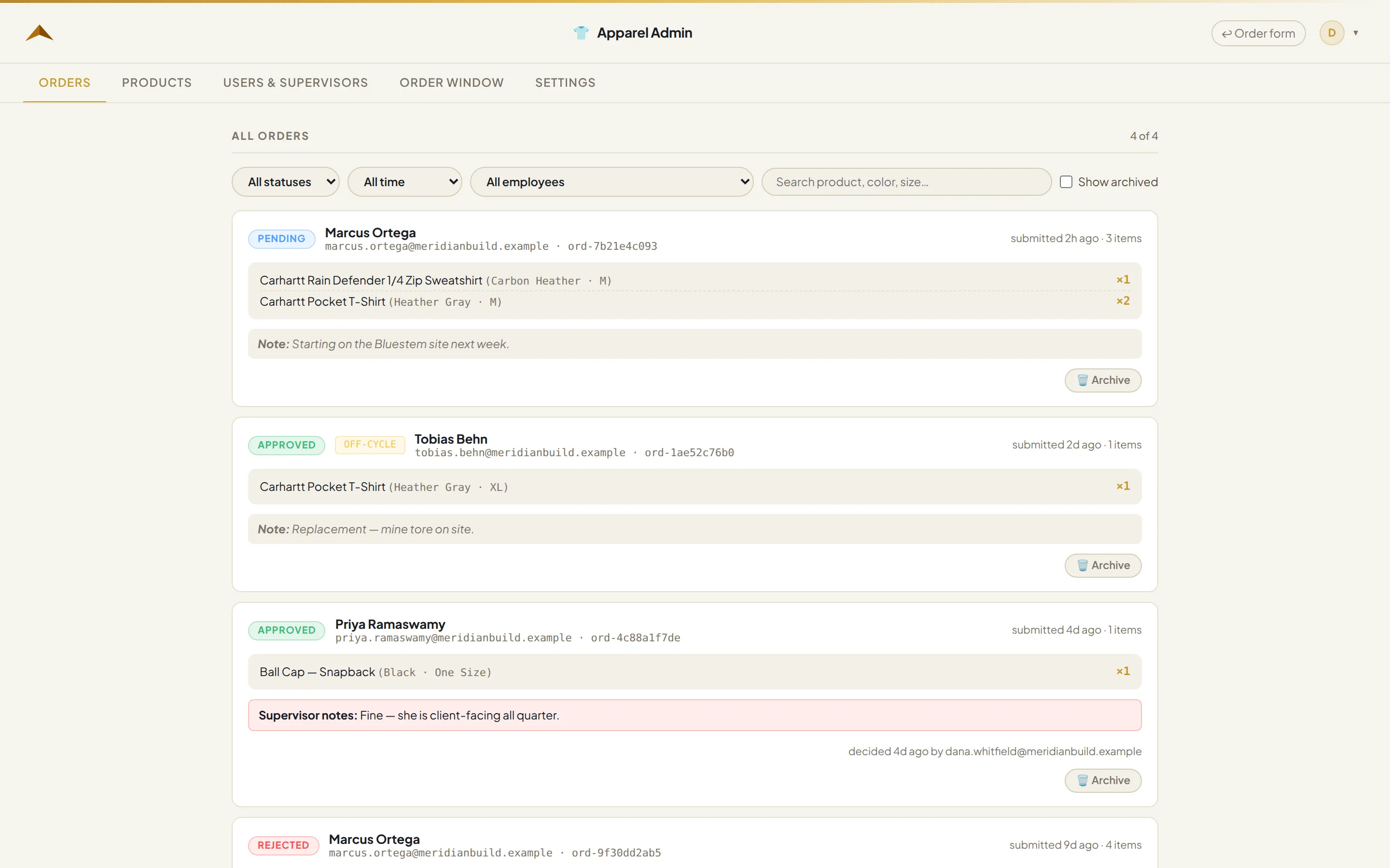 The admin side: every order across the company, the catalogue, and the user list.