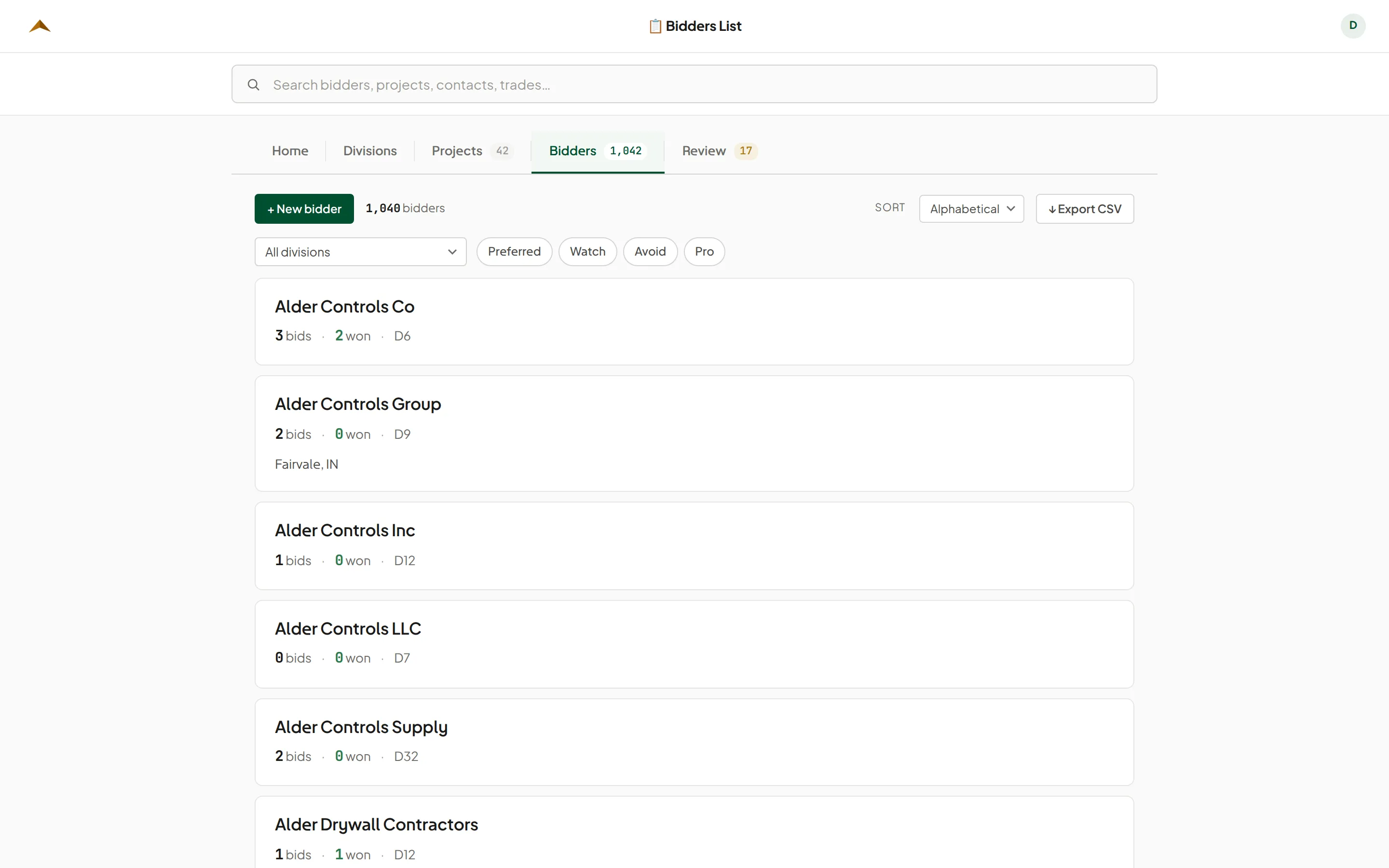 The book itself — the subcontractors with their trades, bid counts and tags, searchable and filterable by division.