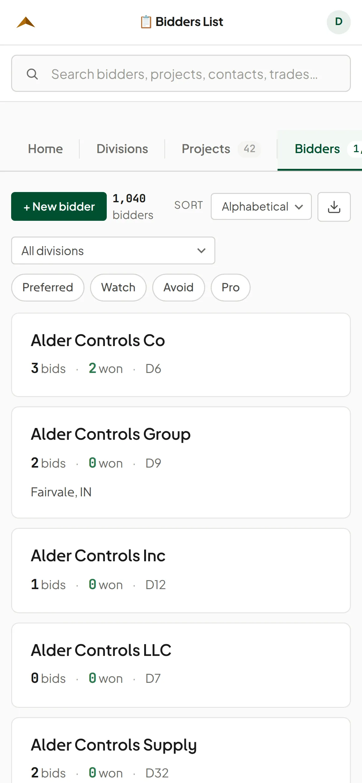 The book itself — the subcontractors with their trades, bid counts and tags, searchable and filterable by division.