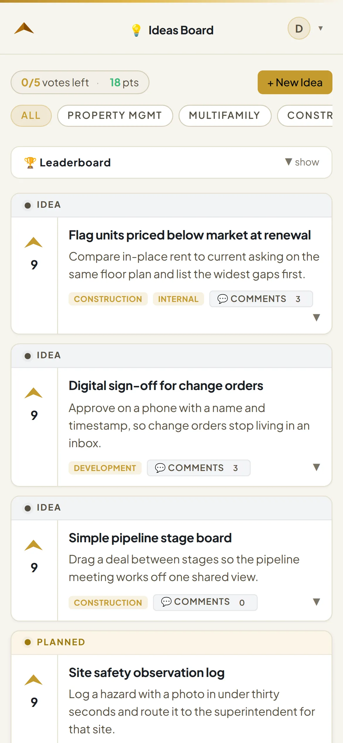 The board on a phone, with the vote budget and category filters intact.