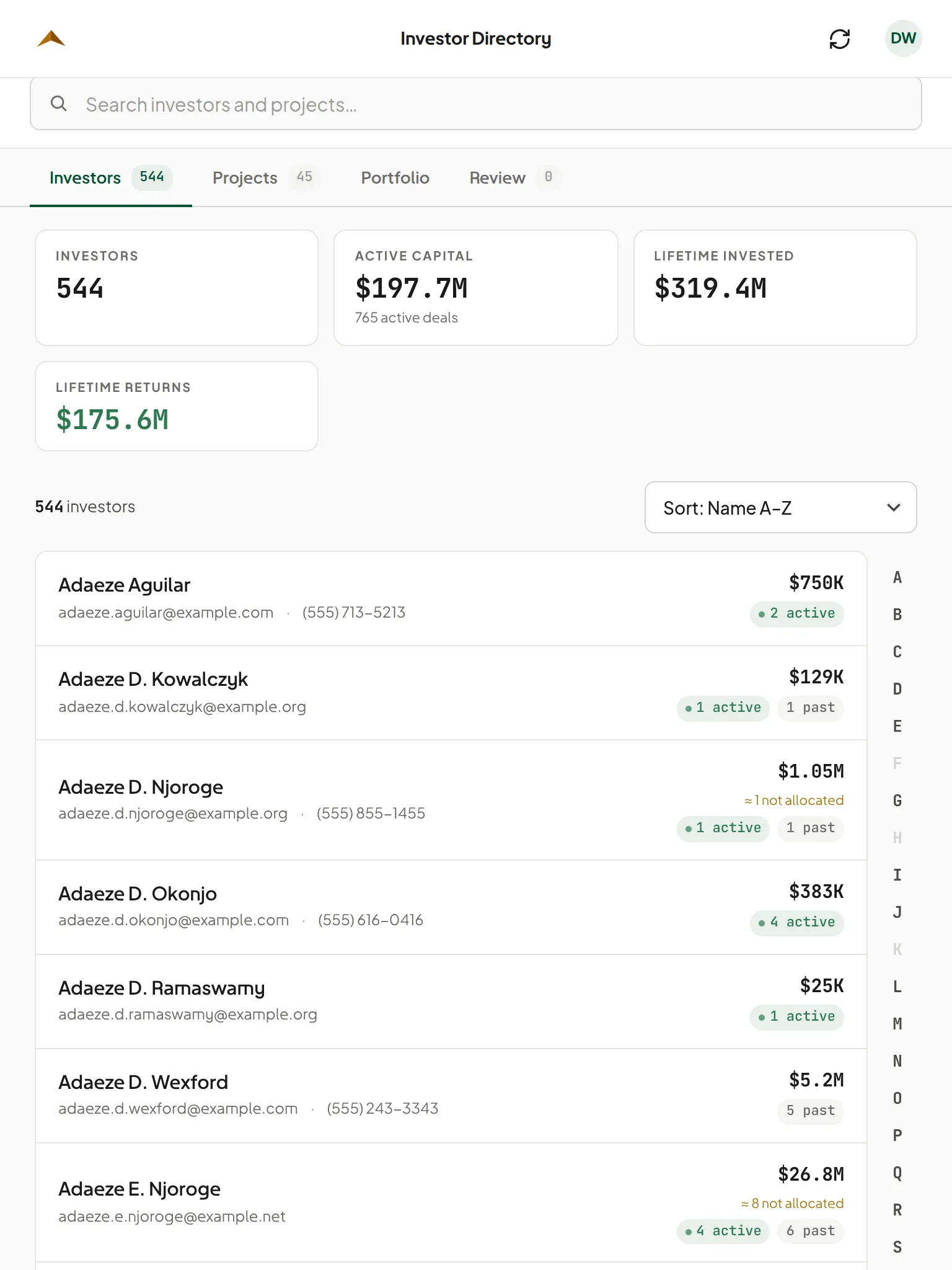 The directory on an iPad in the field: every investor, searchable, with capital.