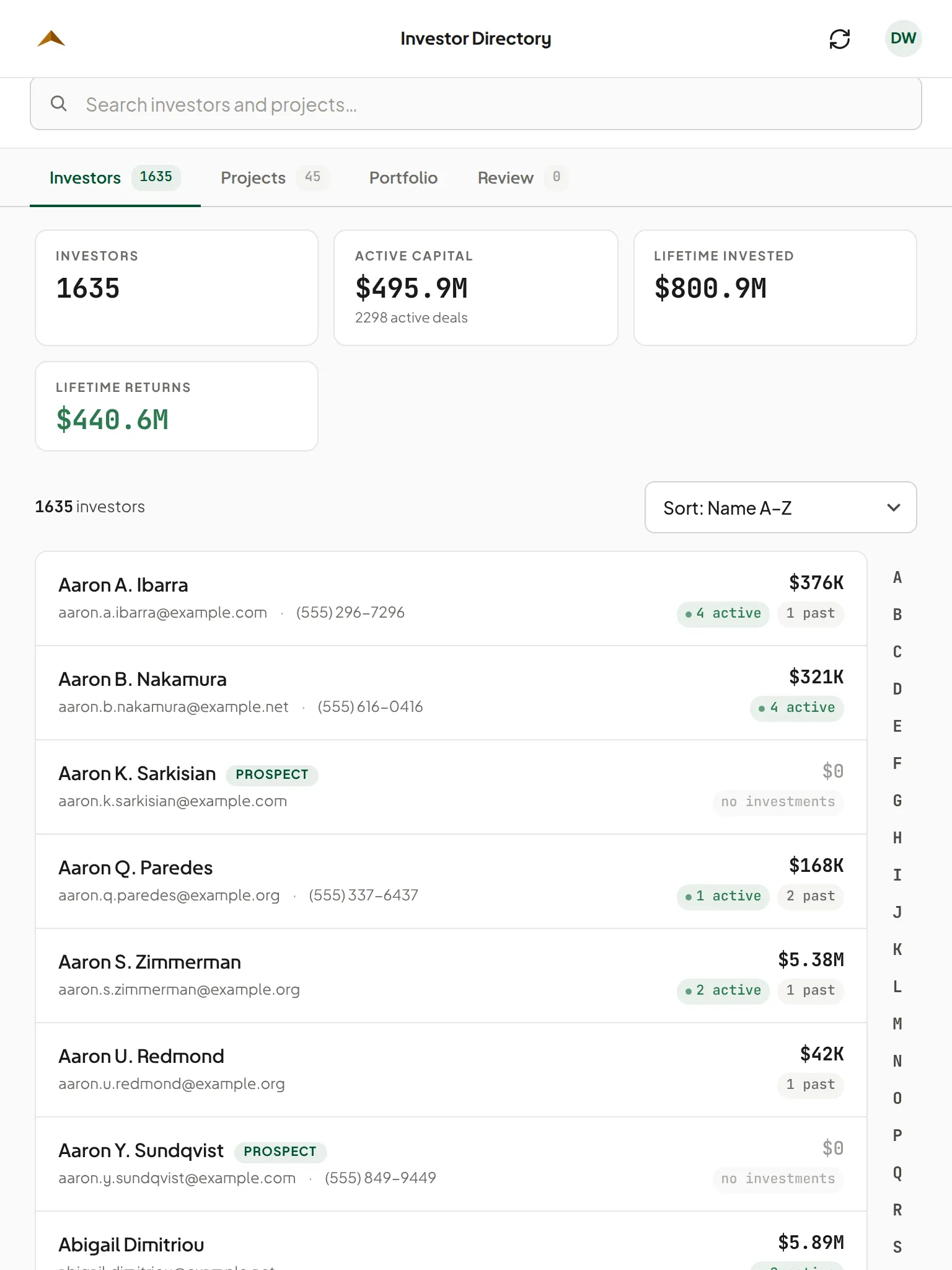 The directory on an iPad in the field: every investor, searchable, with capital.