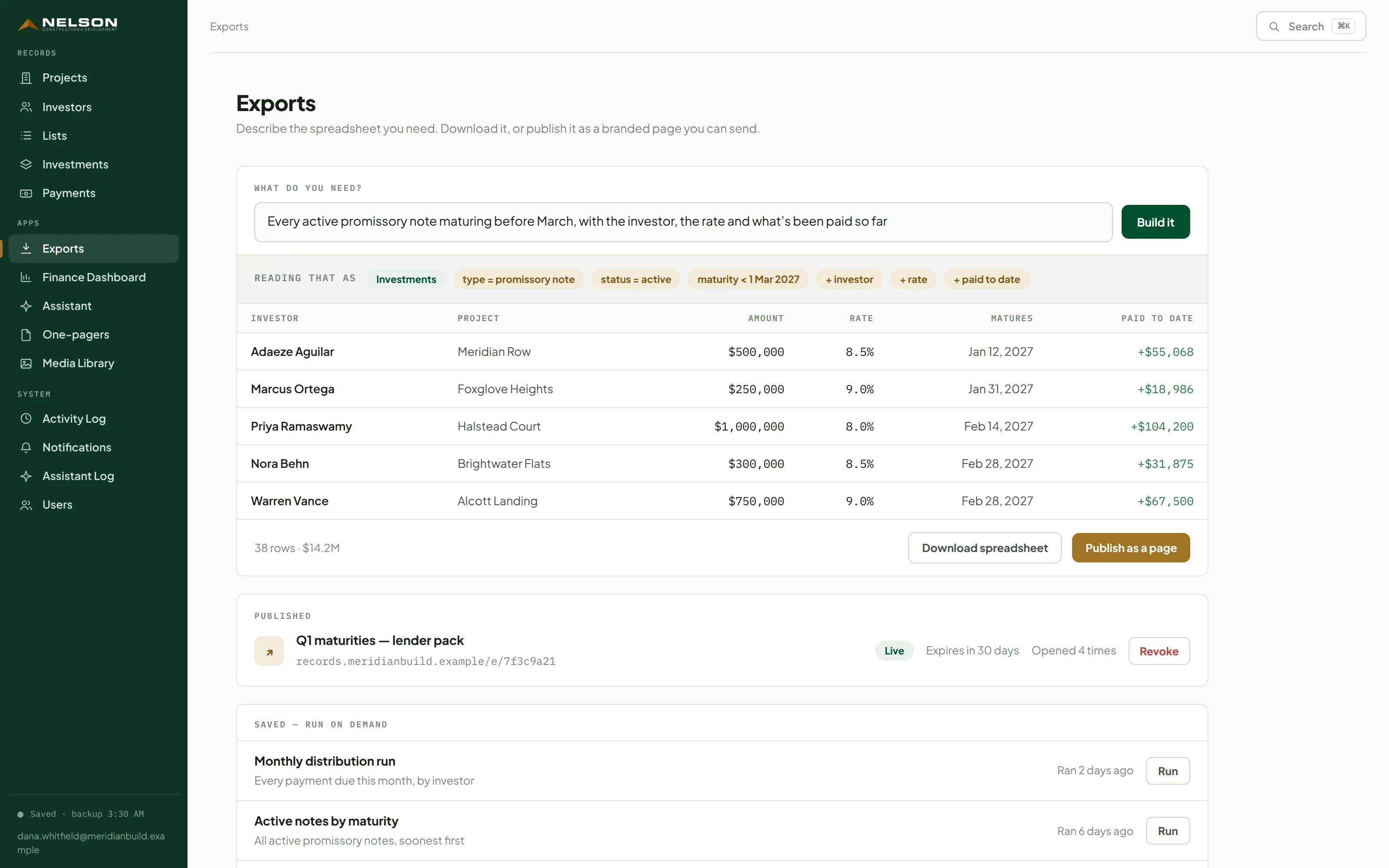 Exports: describe the spreadsheet you need in plain words, then take it as a file.