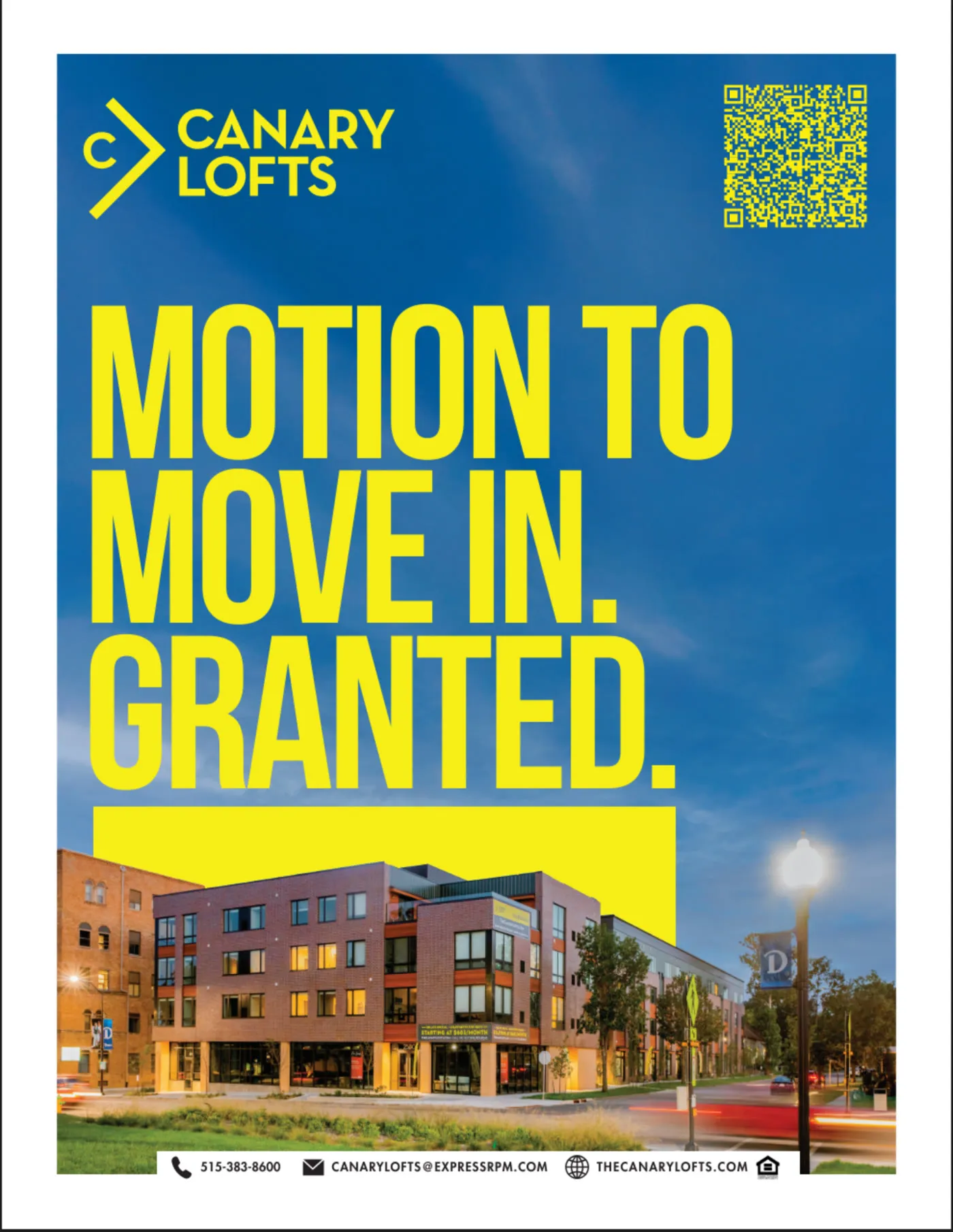 The flyer written for the law school: “Motion to move in. Granted.”