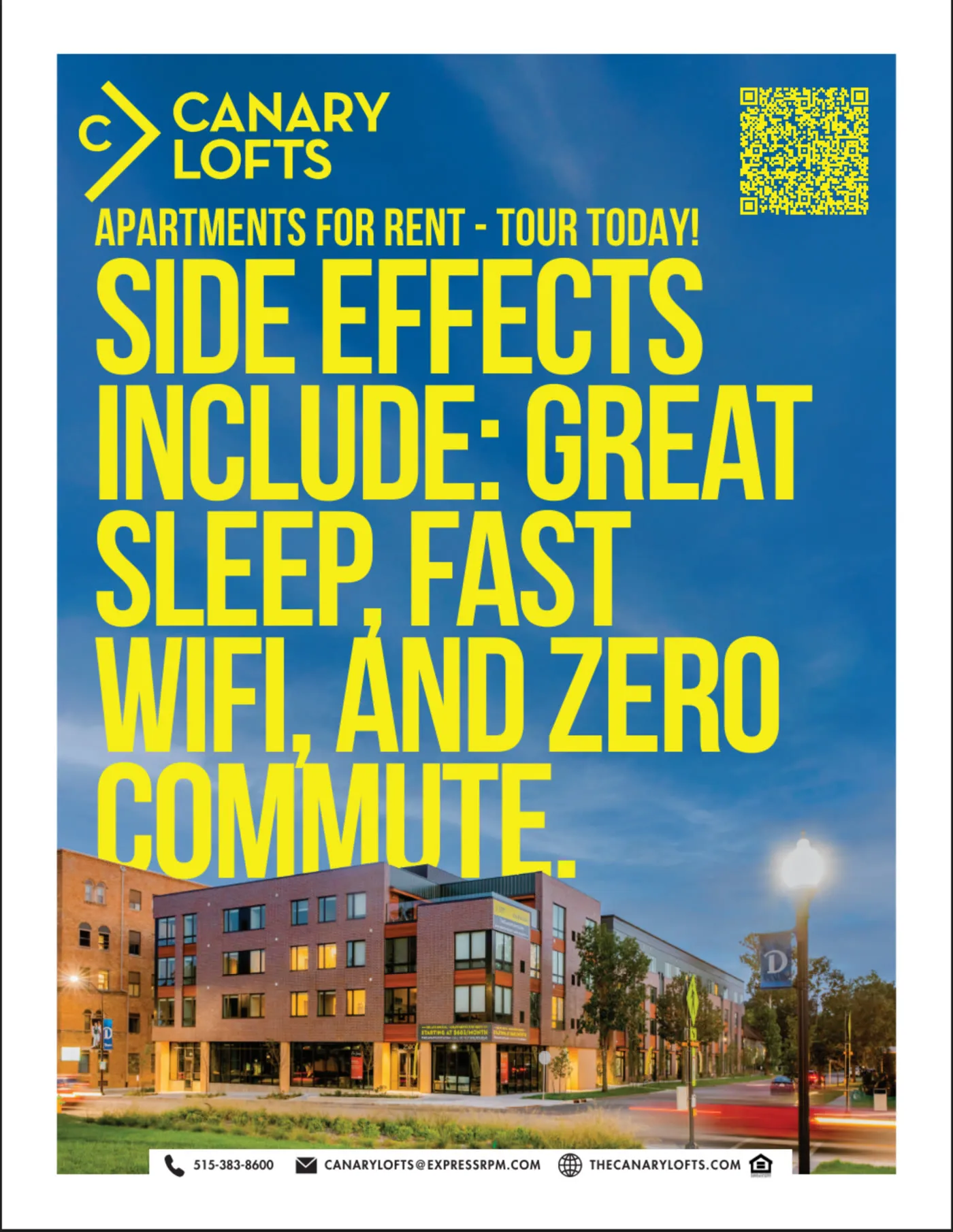 The flyer written for the pharmacy school: “Side effects include: great sleep, fast wifi, and zero commute.”
