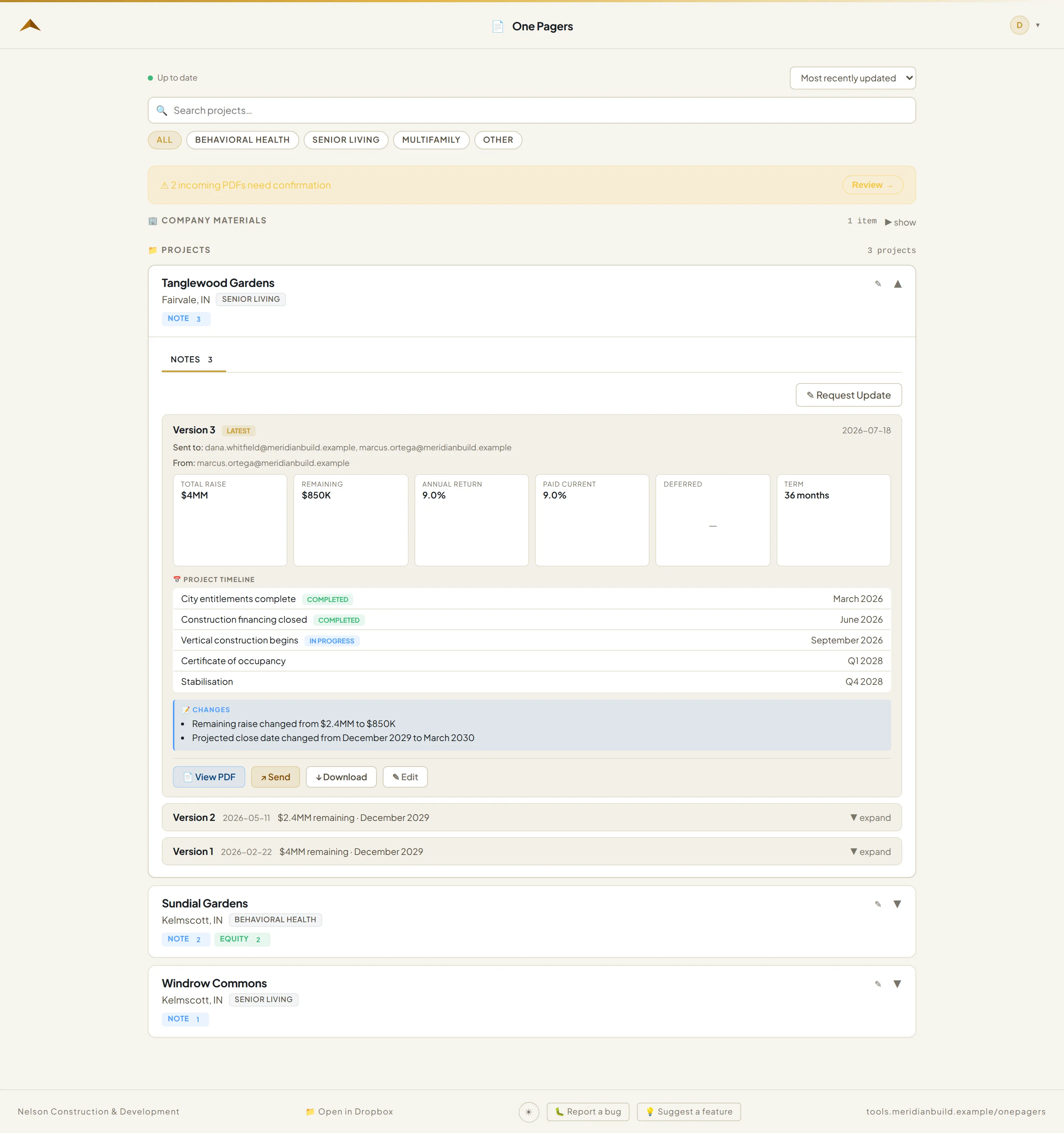 The full stack for one offering: every version filed, newest first, with what changed.