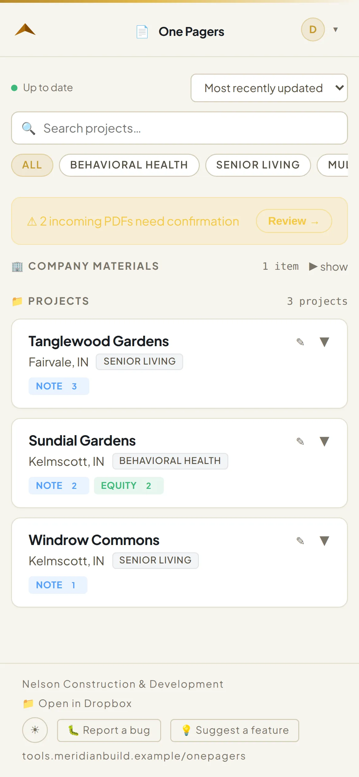 Every project with its offerings and how many versions each has.