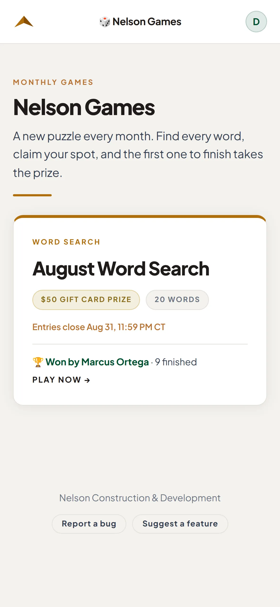 This month's game: the prize, the word count, who won and how many people finished.