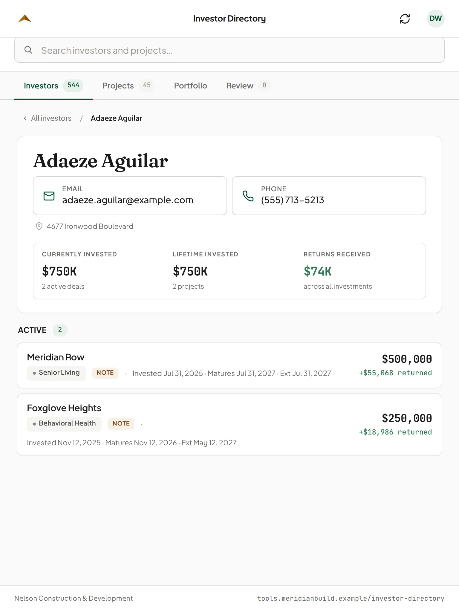 An investor record: contact details, capital invested, returns received, investments.