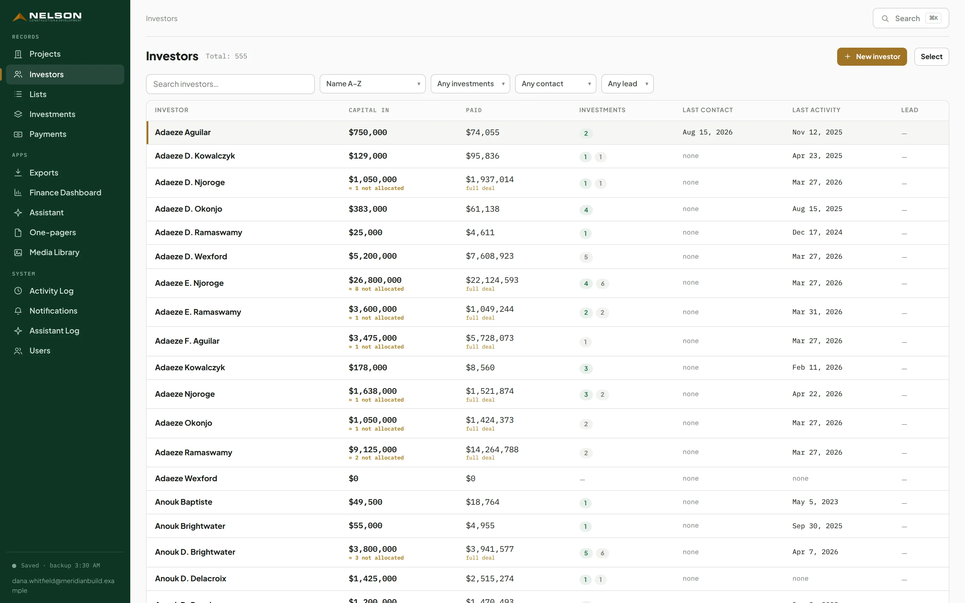 Every investor with committed capital, activity and account type.