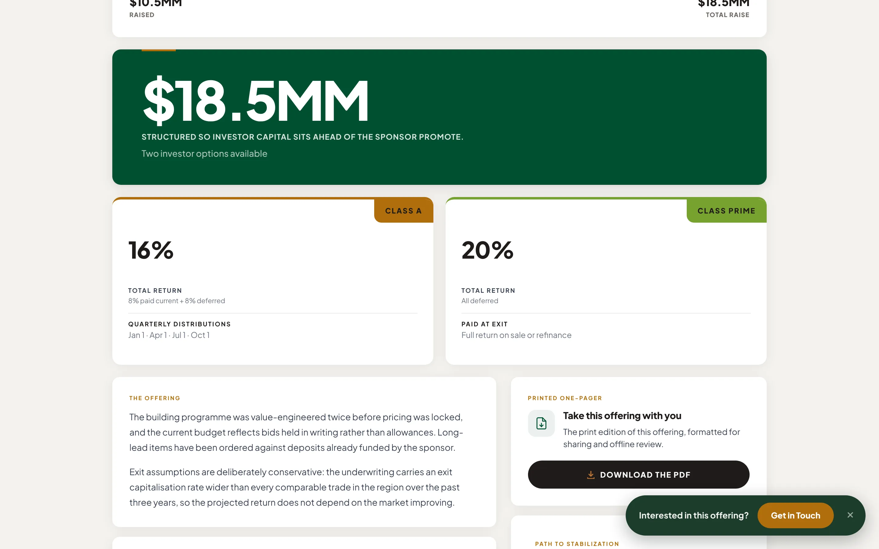 Equity terms: two share classes at 16% and 20%, and the distribution schedule.
