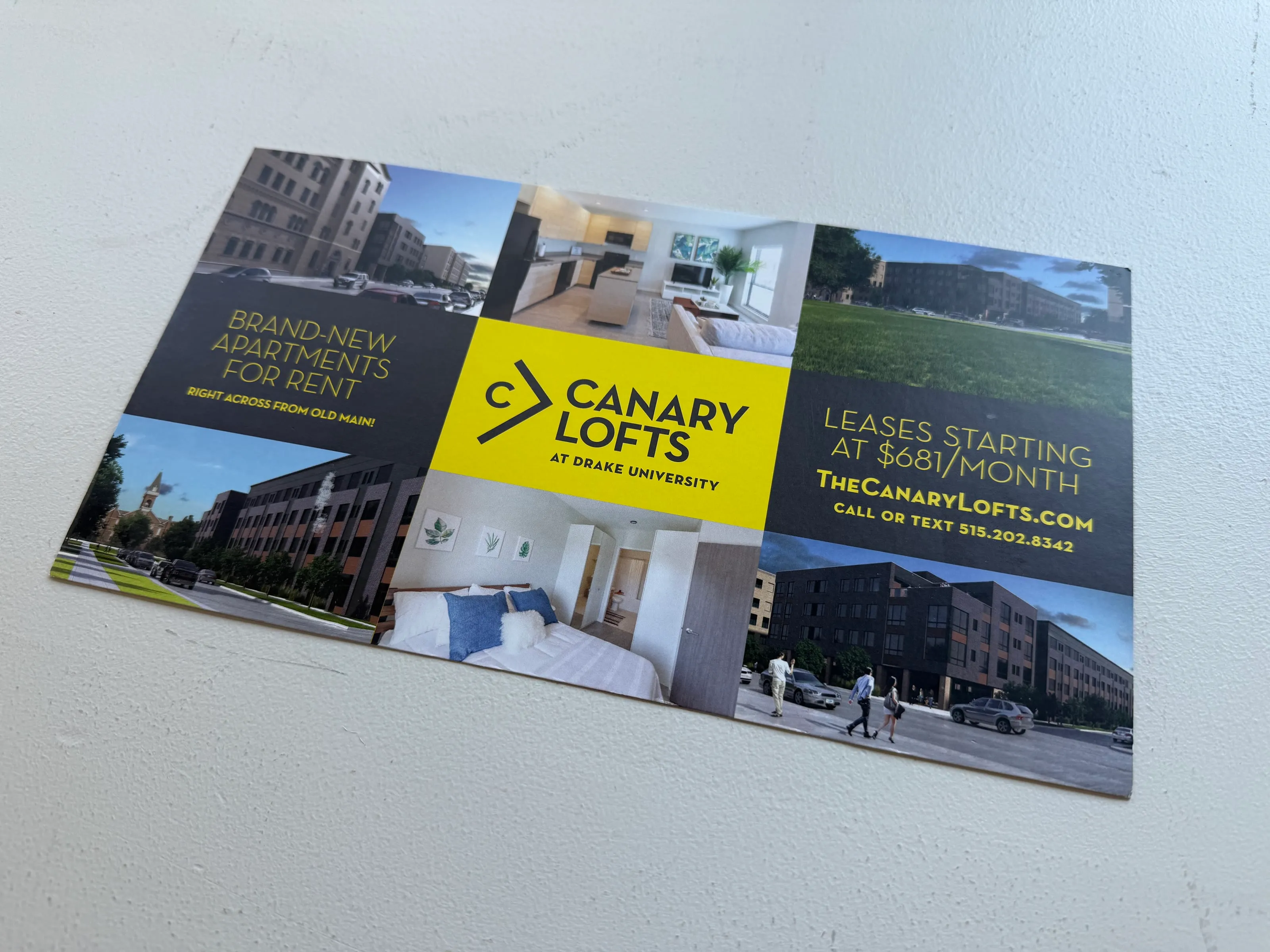 The direct mailer, front. The lockup carries “at Drake University” underneath it.