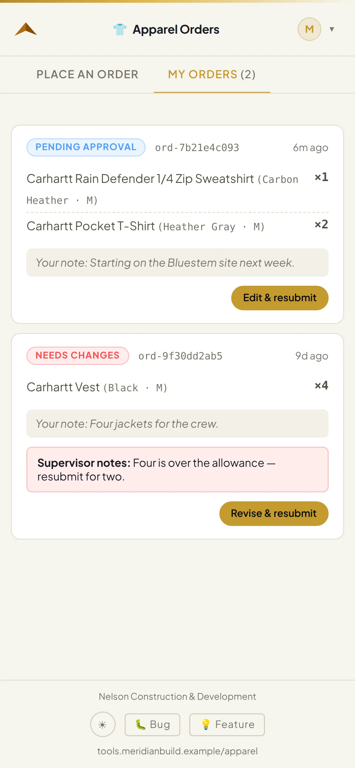An employee's own orders, each with its state: pending, approved or rejected.
