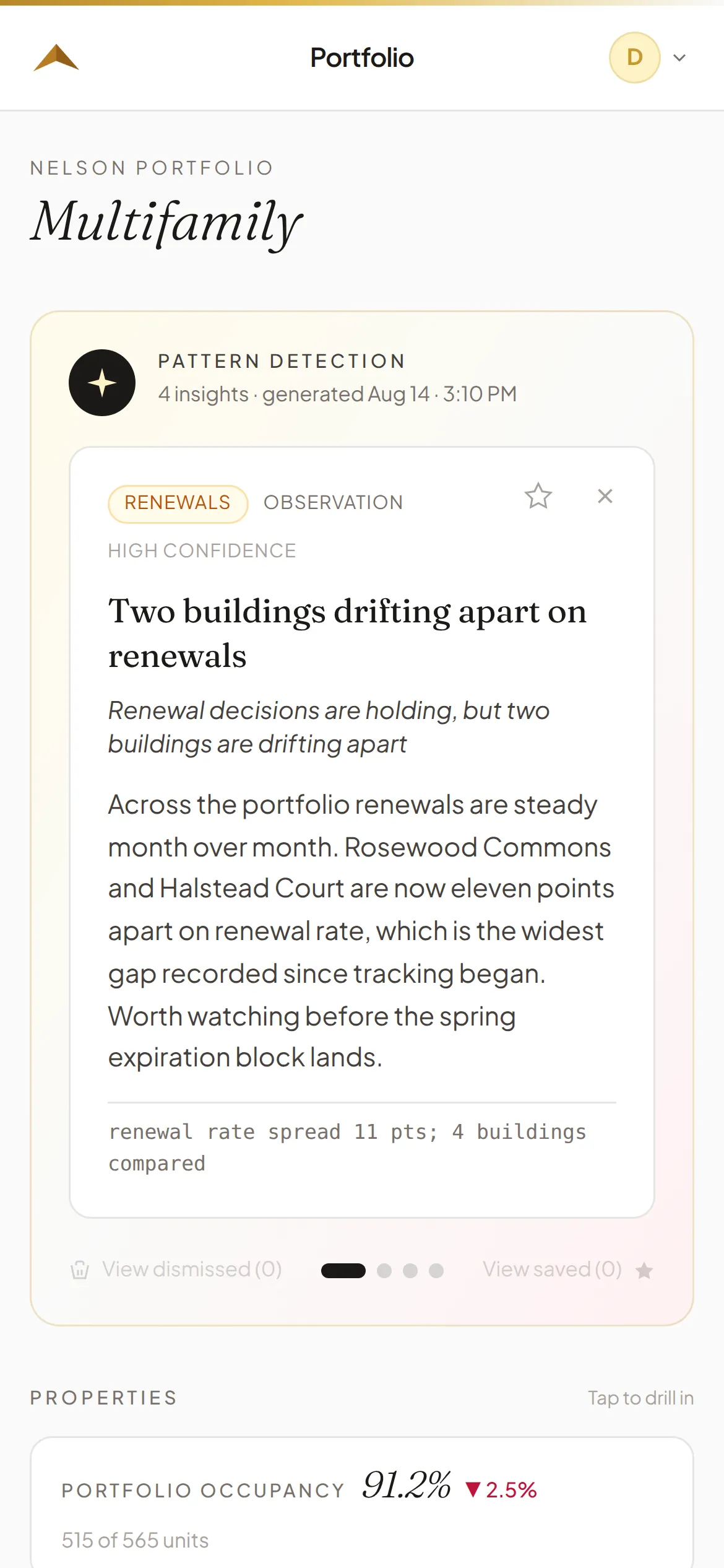 The portfolio page on a phone: the brief first, then the building cards.