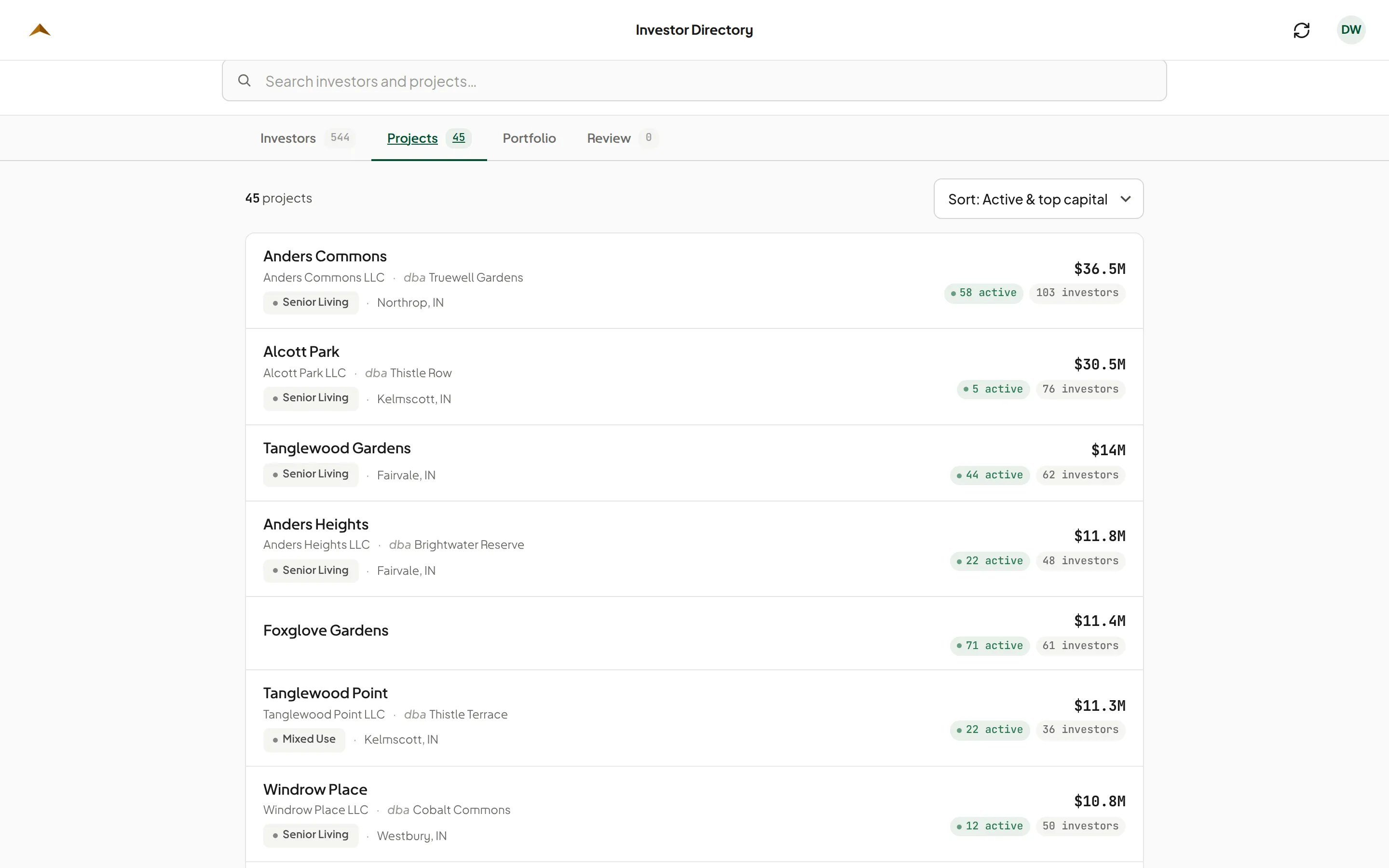 The projects side of the same record — the projects, each with the investors behind it.