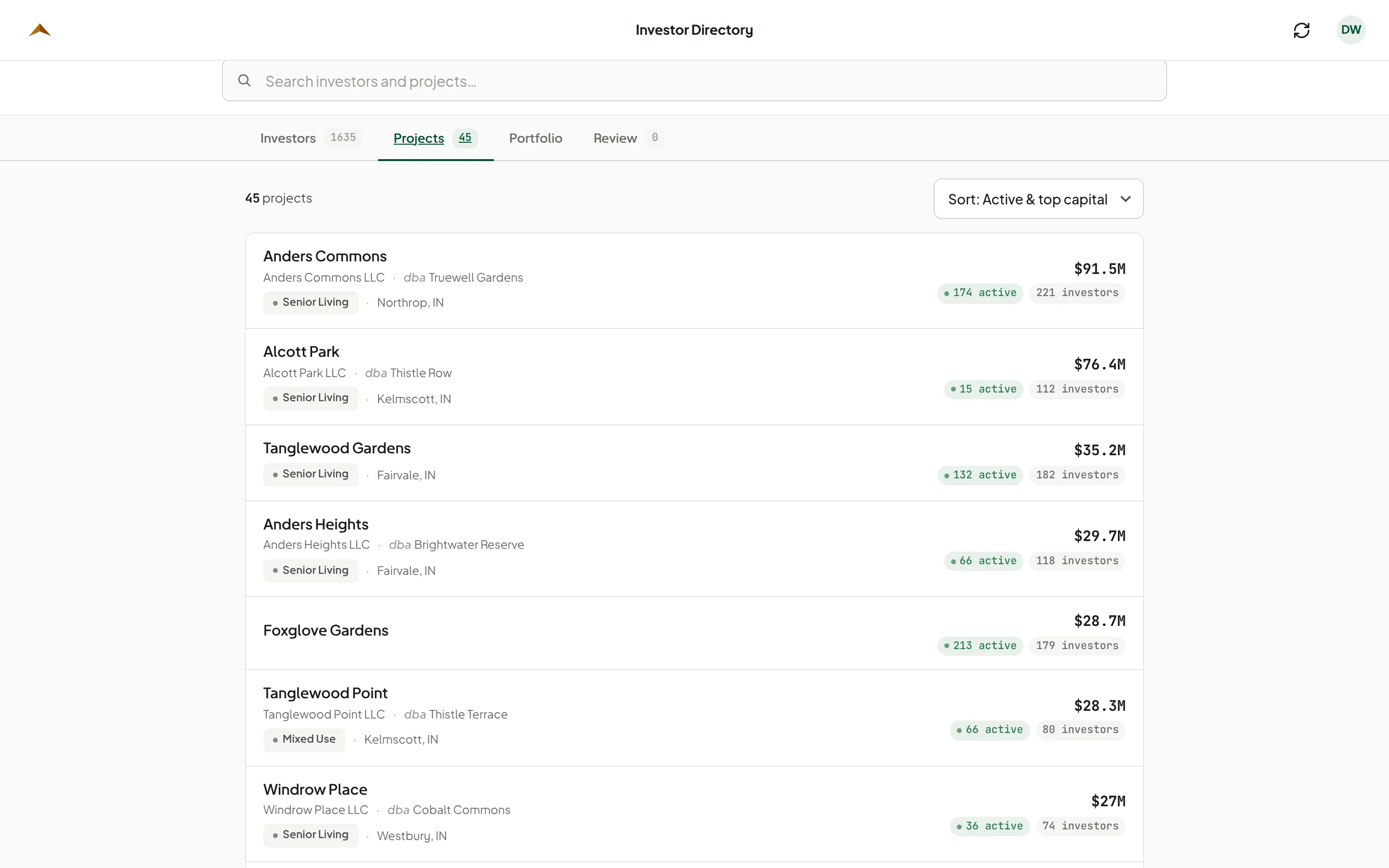 The projects side of the same record — the projects, each with the investors behind it.