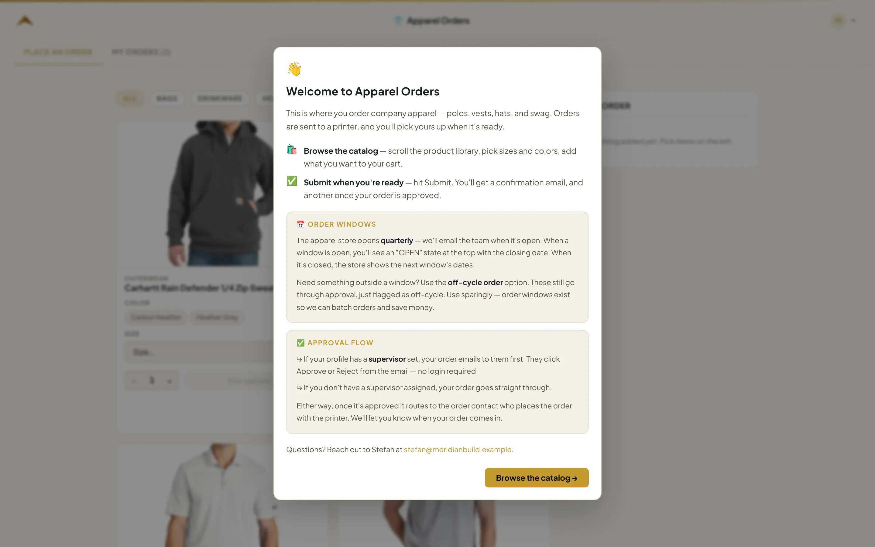 The opening explainer: order windows, off-cycle requests, and the approval route.