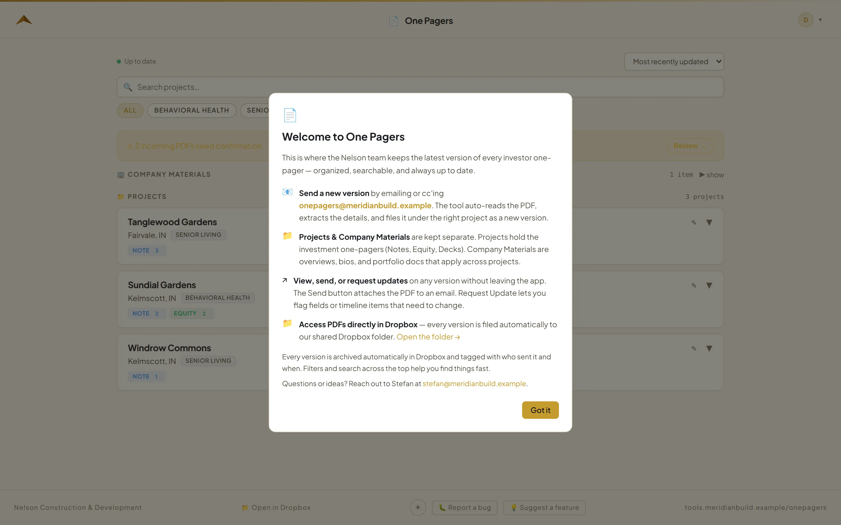 The tool explaining itself: email a PDF and it is read, filed and archived to Dropbox.