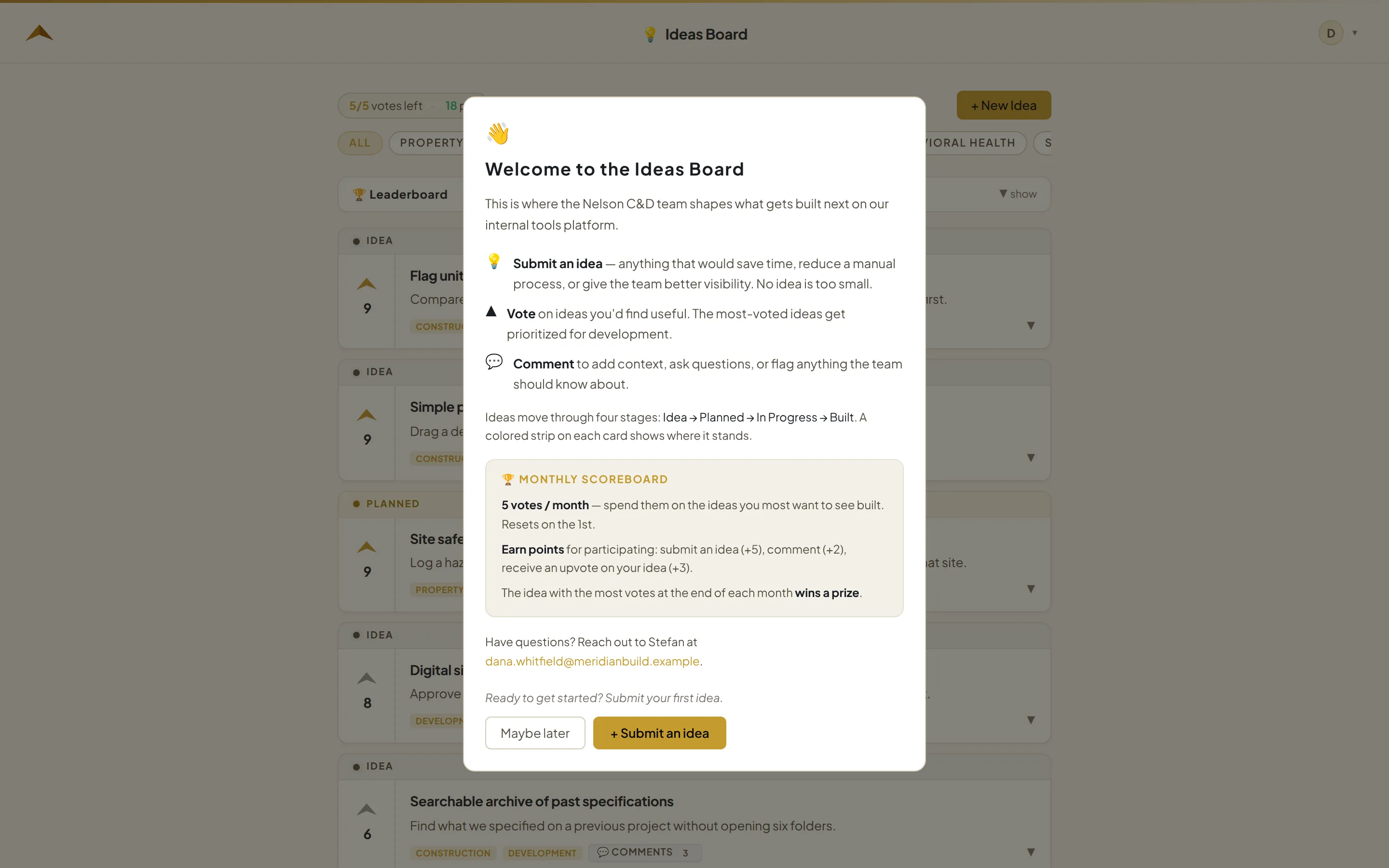 First-run welcome dialog: what the board is for, the four stages, the vote budget.